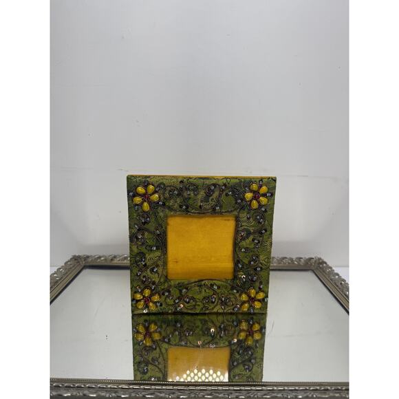 Vintage Boho Hand Embroidered & Beaded Fabric Picture Frame, Green and Yellow - Picture 2 of 10